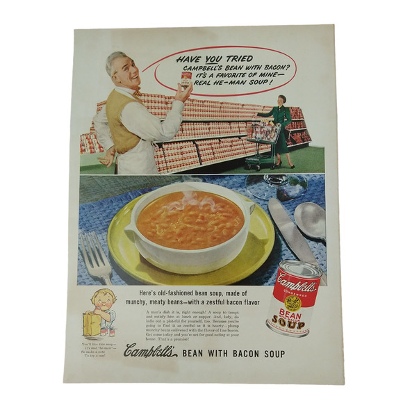 Campbells Bean with Bacon Soup - Store Shelves -1950 Original Retro Vtg PRINT AD - Picture 9 of 9